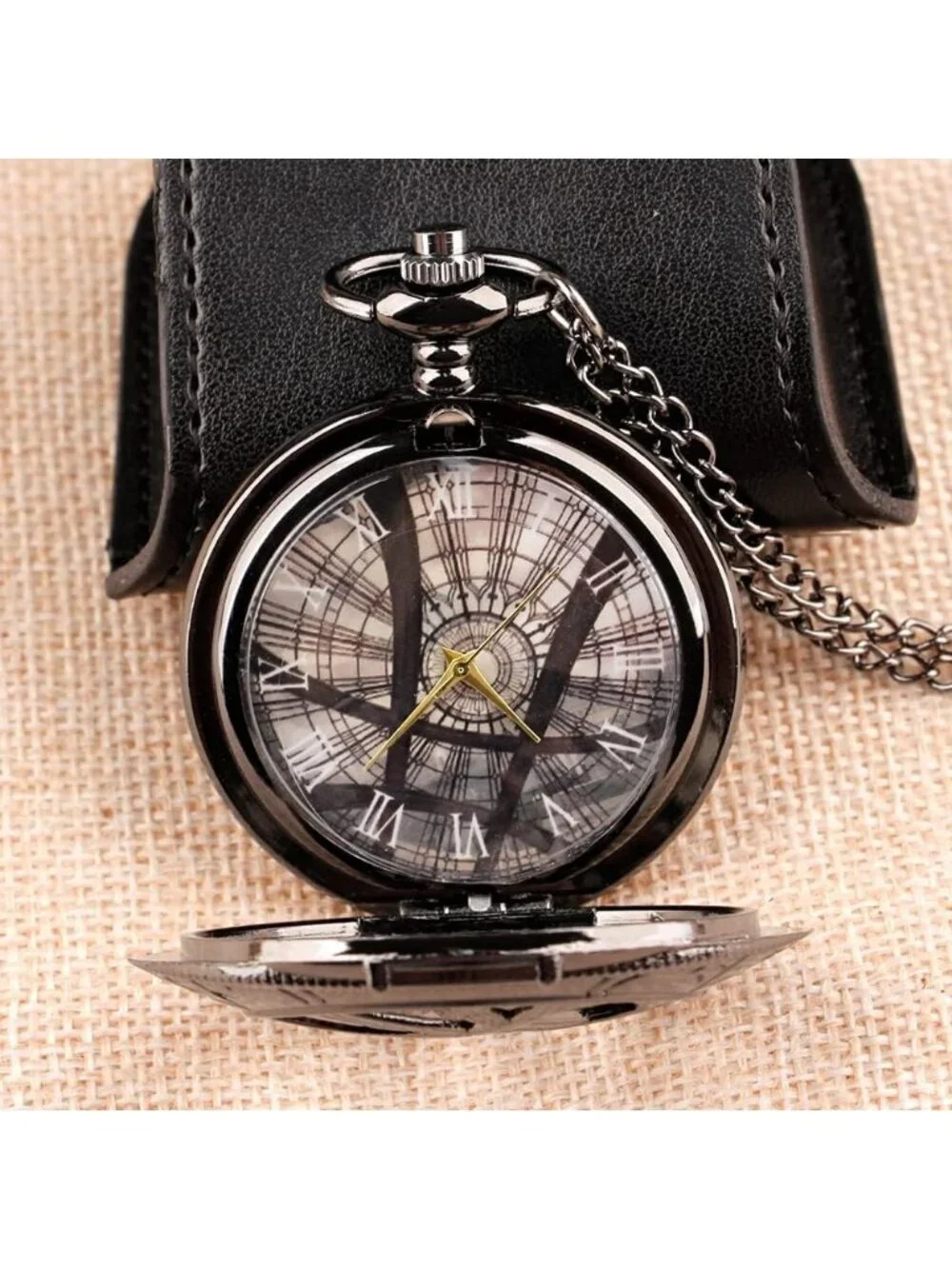 Mens Black Analog Quartz Skeleton Shape Pendant Necklace Round Case Pocket Watch